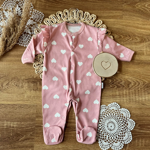 Mamatti pijama bebé PA13040 HEARTS - algodón, con pies, con botones de presión, rosa