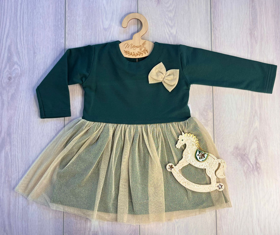 SH03 Feliz Navidad Vestido de niña Mamatti - verde botella, manga larga, bajo con tul dorado