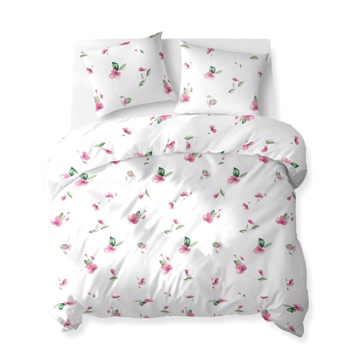 5769 A Detexpol Algodón Bloom Ropa de cama blanco con flores de color rosa con hojas verdes - 100% algodón, doble cara, pulido hecho