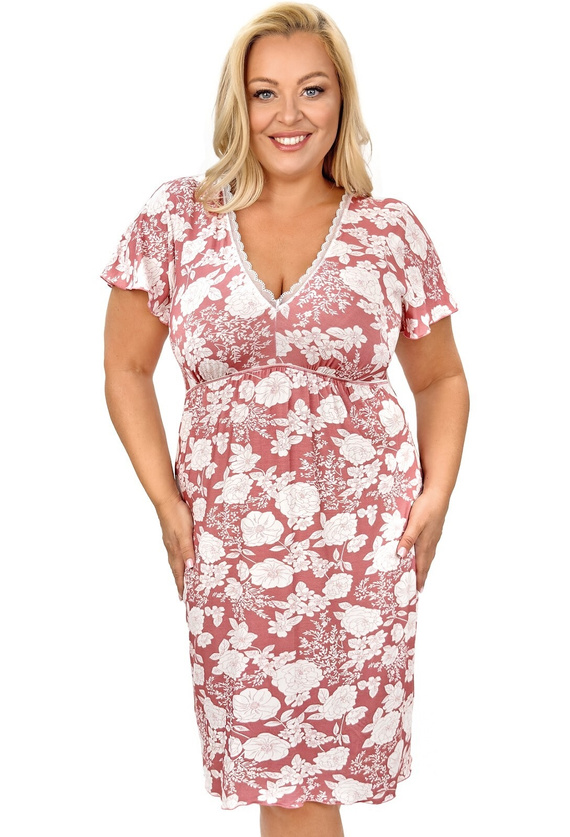 Camisón de señora Tina Plus Donna rosa empolvado - elegante camisón de viscosa con estampado floral, escote en V con encaje, manga corta mariposa