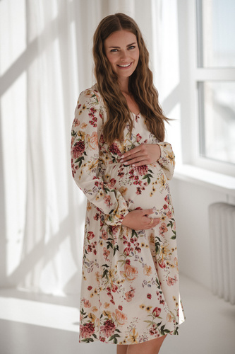 Lovely Dress Midi Milk&Love vestido de maternidad y lactancia floral crema en lino, corte elegante con cremalleras de lactancia