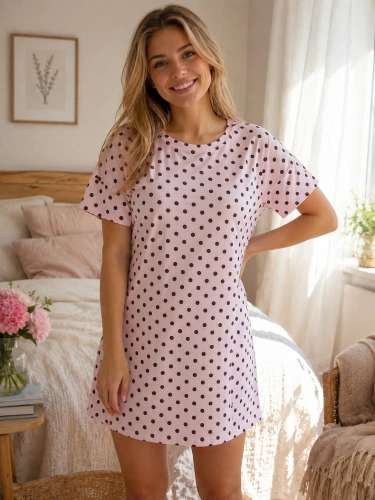 Camisón de mujer Luna 1006 100% algodón con lunares manga corta - rosa