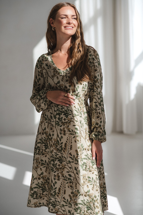 Lovely Dress Midi Milk&Love en flores verdes - vestido de maternidad y lactancia en lino, corte elegante con cremalleras de lactancia