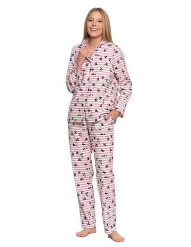 Pijama de mujer Moraj PDD6300-002 franela de algodón rosa, a rayas con motivo de panda
