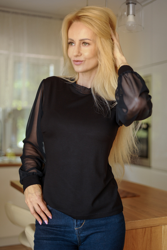 Mirale Freya Blusa de mujer de viscosa con mangas de tul y cuello alto elegante - negra