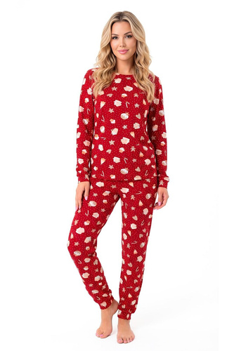 Piżama de mujer Donna Bear Long roja – pijama cálida de algodón con manga larga