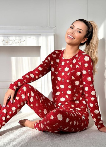 Piżama de mujer Donna Bear Long roja – pijama cálida de algodón con manga larga