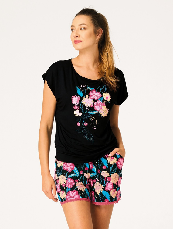 Pijama mujer Key LNS 560 negro – bambú, corto, encaje