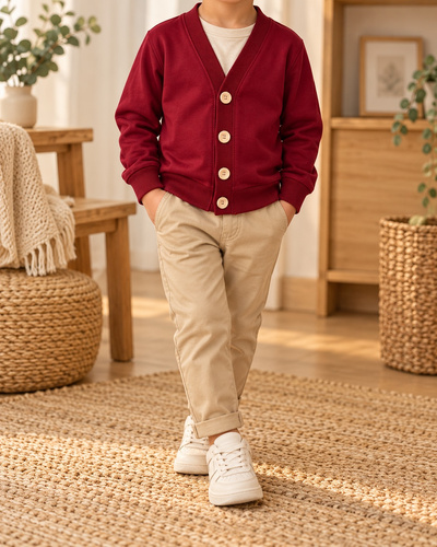 Kardigan infantil Mamatti MD020 de algodón burdeos con botones de madera
