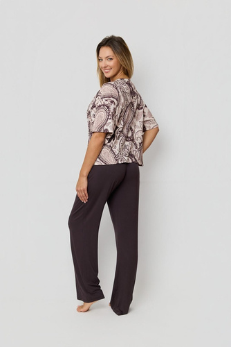 Pijama Iris PW72 Mefemi by Nipplex - camiseta de algodón marrón + pantalón largo estampado, cómodo pijama de mujer premium