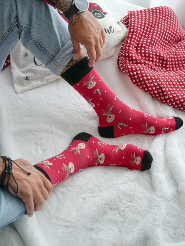 1290-029 Calcetines de Navidad para hombre Milena rojo 01 - Reno I Palitos de azúcar, algodón