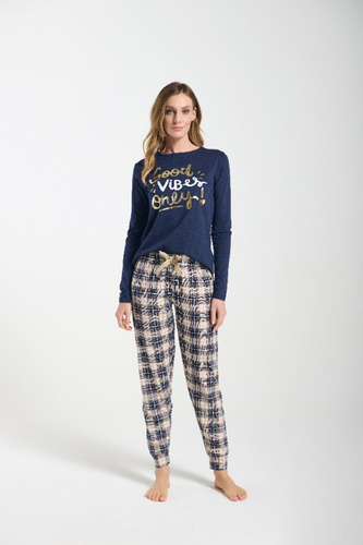 Bessy Pijama de mujer Sorbetto azul marino - jersey, estampado dorado, pantalón a cuadros
