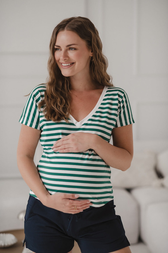Two Ways Blusa para embarazo y lactancia | Manga corta, cómoda Milk&Love rayas verdes y blancas