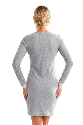 Donna Megi II Camisón Gris de Manga Larga con Canalé y Encaje