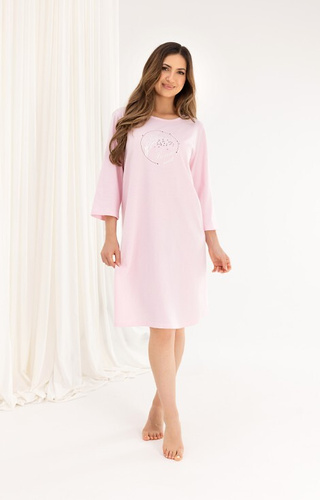 Camisón de algodón 167 rosa - manga 3/4, estampado, acampanado, antes de la rodilla