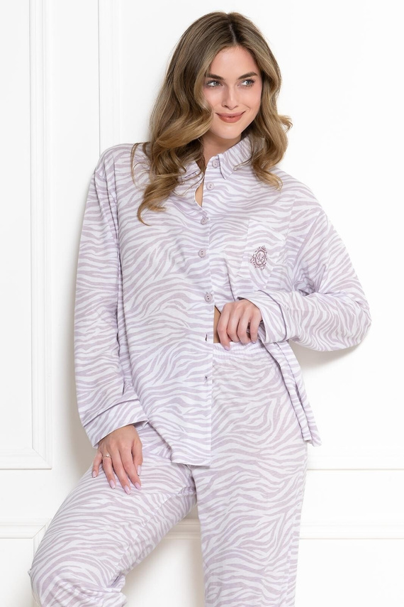 Leveza 1790 Penelopa Pijama de Mujer 100% Algodón Botones Estampado Animal Blanco y Lila