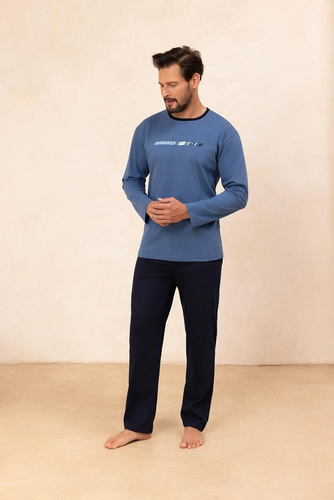 Regina 494 azul marino - pijama de algodón de manga larga para hombre, corte clásico