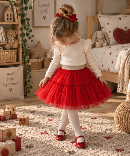 Falda para niña roja ST115 de tul, tul suave, cinturilla elástica metalizada
