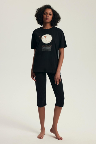 Pijama de mujer 43728 Dairoku negro - algodón, manga corta, pantalón de rejilla