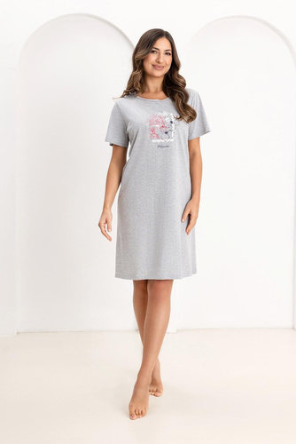 Camisón Regina 174, algodón, manga corta, medio cuello redondo, estampado gris
