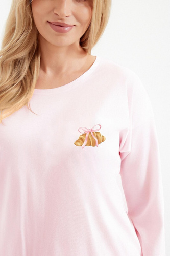 Pijama de mujer Taro Tori 3510 de algodón rosa, estampado croissant, largo con perneras 7/8