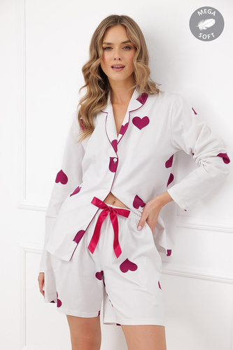 Italian Fashion Soul Pijama de mujer Mega Soft ecru con corazones burdeos, pantalones cortos
