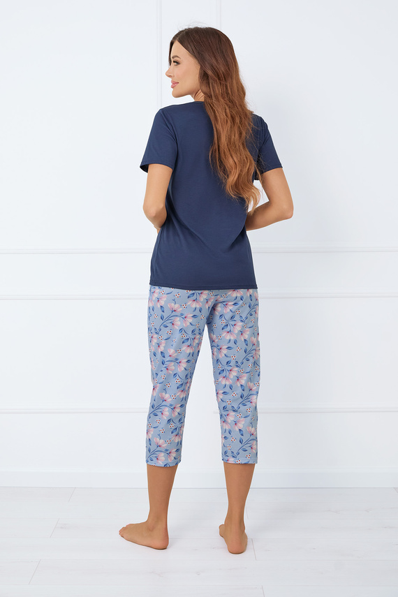 Amara Pijama de mujer manga corta, pantalón 3/4 Moda Italiana - azul marino/estampado