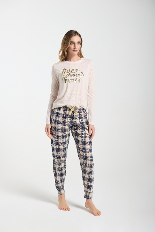 Bessy Pijama de mujer Sorbetto beige - jersey, estampado dorado, pantalón a cuadros