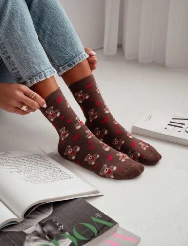 0200-202 Calcetines de mujer Milena Ositos con corazones San Valentín marrón-algodón, bonito dibujo, 37-41