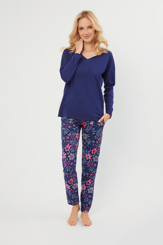 Folk Pijama señora manga larga, pantalón largo Moda Italiana - azul marino/estampado