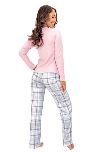 Donna Dani Long pijama larga de mujer de algodón rosa con pantalones a cuadros y camiseta de canalé