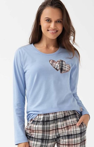 322 Luna azul - pijama de mujer de algodón, corazones, manga larga, pantalón a cuadros