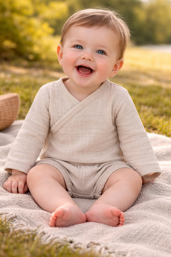 Body de muselina Just Muslin 03235BE Makoma beige- manga larga, cierre de sobre, 100% algodón