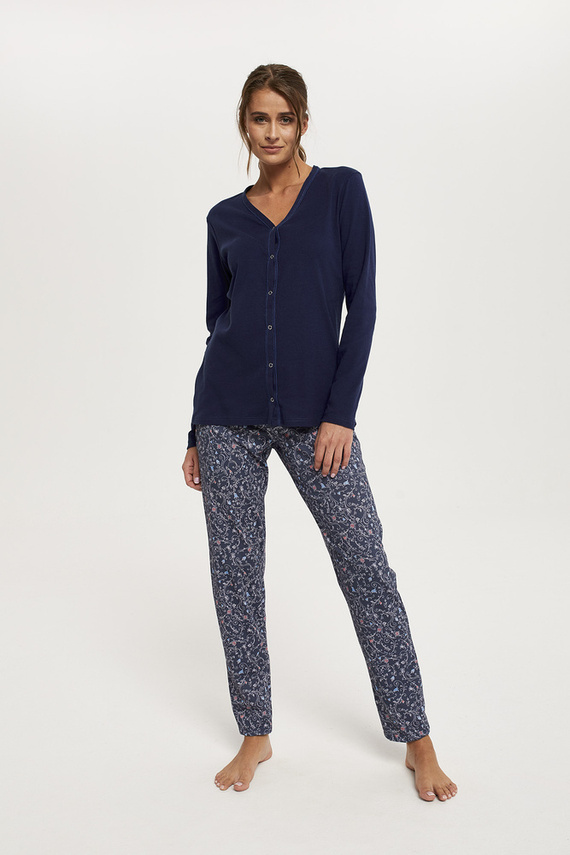 Sajna Pijama señora manga larga, pantalón largo Moda Italiana - azul marino/estampado