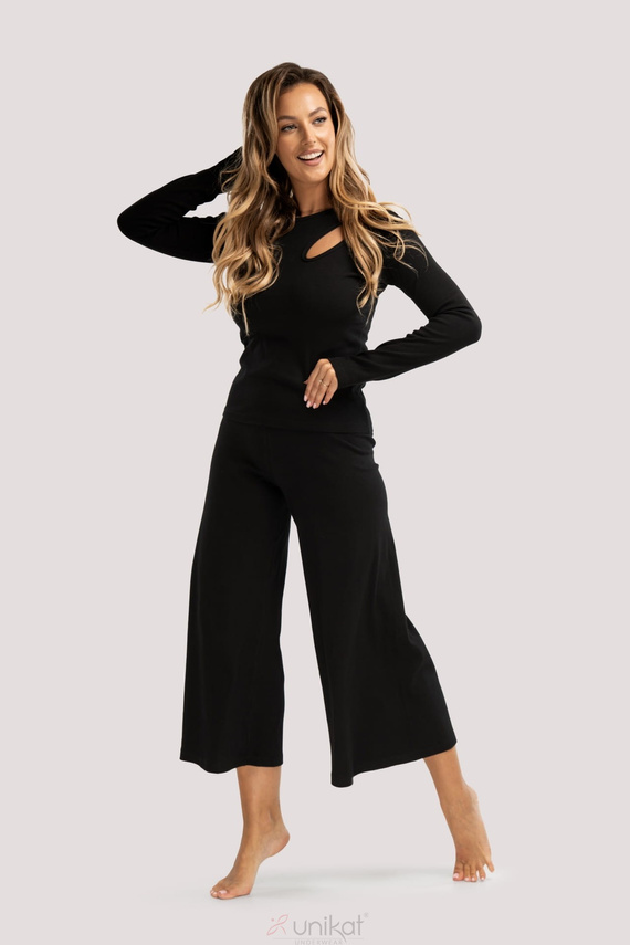 Pijama Zen negro- elegante pijama de algodón con mangas largas, pantalón de 7/8 de largo