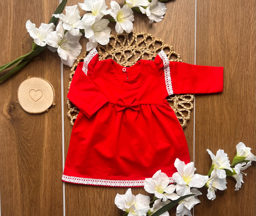 Vestido infantil Mamatti SK514 de algodón con encaje y lazo rojo
