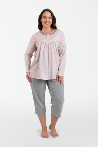 Pijama de mujer Daniela manga larga, pantalón 3/4 Moda Italiana - estampado/melange