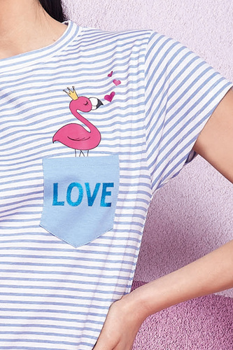 Oxksana Camisón azul - 100% algodón, rayas y volante