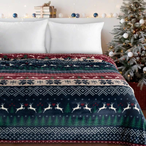 Eurofirany Manta de Navidad azul marino rojo con motivos escandinavos - colcha de microfibra suave, 240 g/m²