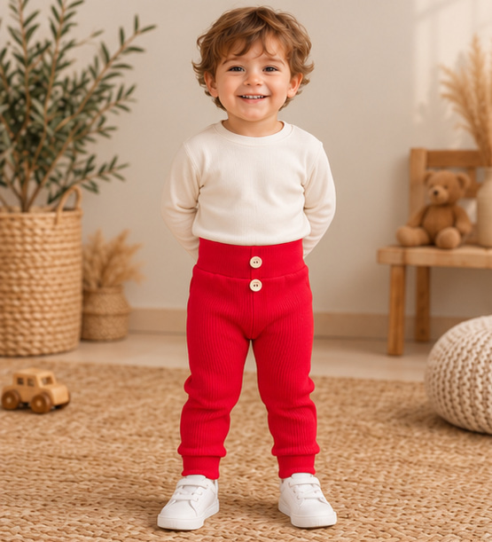 Leggings para niño LC015 rojos de algodón acanalados con botones de madera