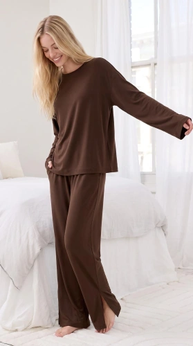 Pijama de mujer Luna 1312 100% algodón oversize pantalones anchos homewear - marrón