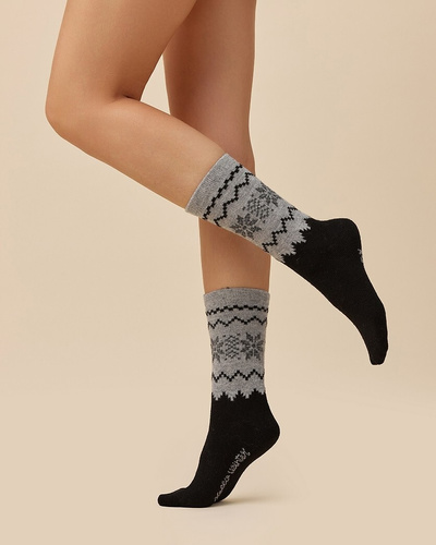 Calcetines de mujer Gabriella SW/070 nero-gris- invierno, lana y acrílico, cálidos con dibujo