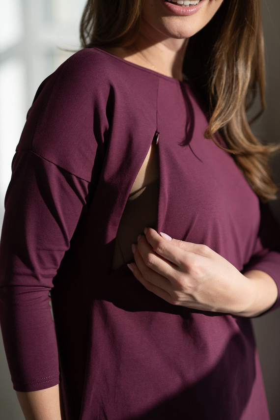 Túnica premamá y de lactancia Mauve Wine Milk&Love - blusa oversize con cremalleras ocultas, algodón Oeko-Tex