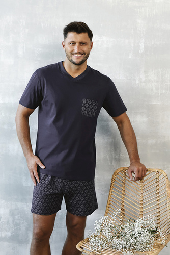 Diaz Pijama de manga corta para hombre, pantalón corto Moda Italiana - azul marino/estampado