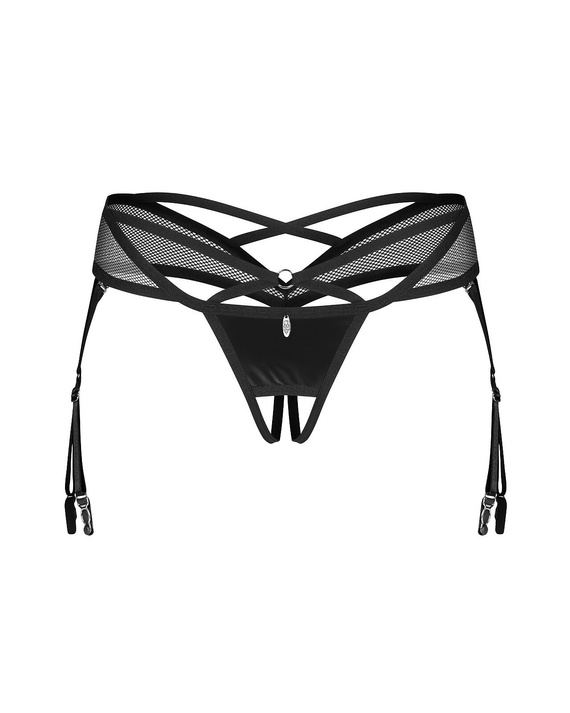 Obsessive Dominna Crotchless Thong negro- brillo de látex, entrepierna abierta, tiras de liga