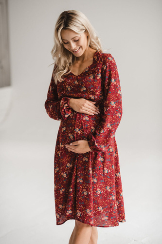 Lovely Dress Vestido midi de maternidad y lactancia de Milk&Love - floral granate, manga larga