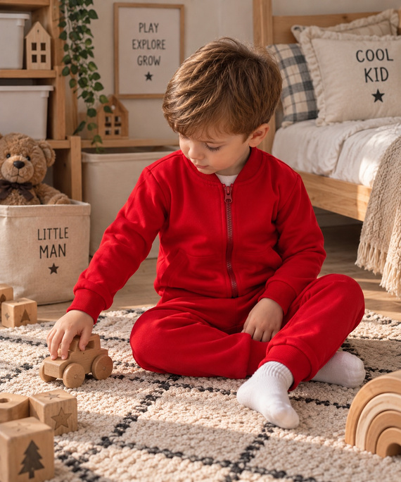 Mamatti DR914 chándal infantil de algodón rojo con sudadera con cremallera y cuello alto, pantalones con bolsillos