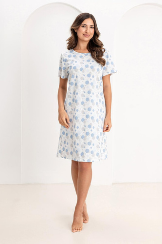 173 Camisón Regina azul - algodón, estampado de círculos y lunares, escote media caña