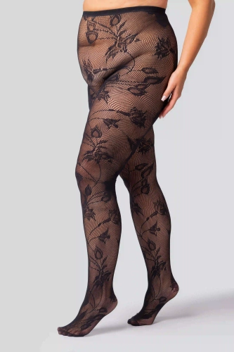 Medias Floral Cabaret Queen Size - negras, elegantes, con fuelle de algodón