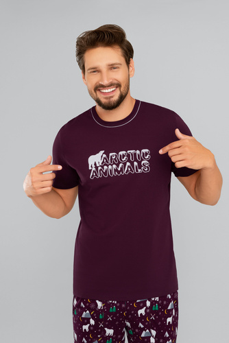 Manfred Pijama hombre manga corta, pantalón largo Moda Italiana- burdeos/estampado burdeos